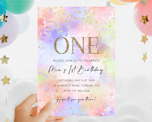 Editable Rainbow Birthday Invitation Colorful Pastel Watercolor Invitation G