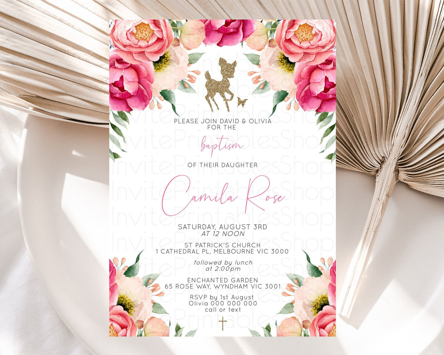 Fawn Baptism Invitation Deer Baptism 1st Birthday Invitation Enchanted Forest Christening Invitation Pastel Garden Butterfly Floral D10326