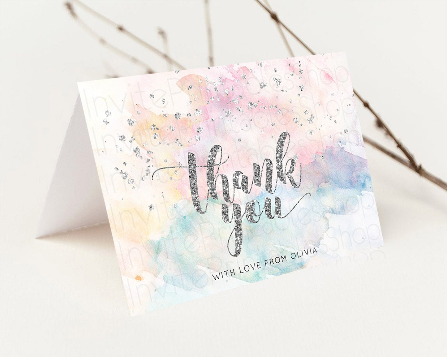 Pastel Thank You Rainbow Thank You Card Colorful Pastel Birthday Thank You Card Silver Watercolor Pastel Teacher Thank You Cards D10944