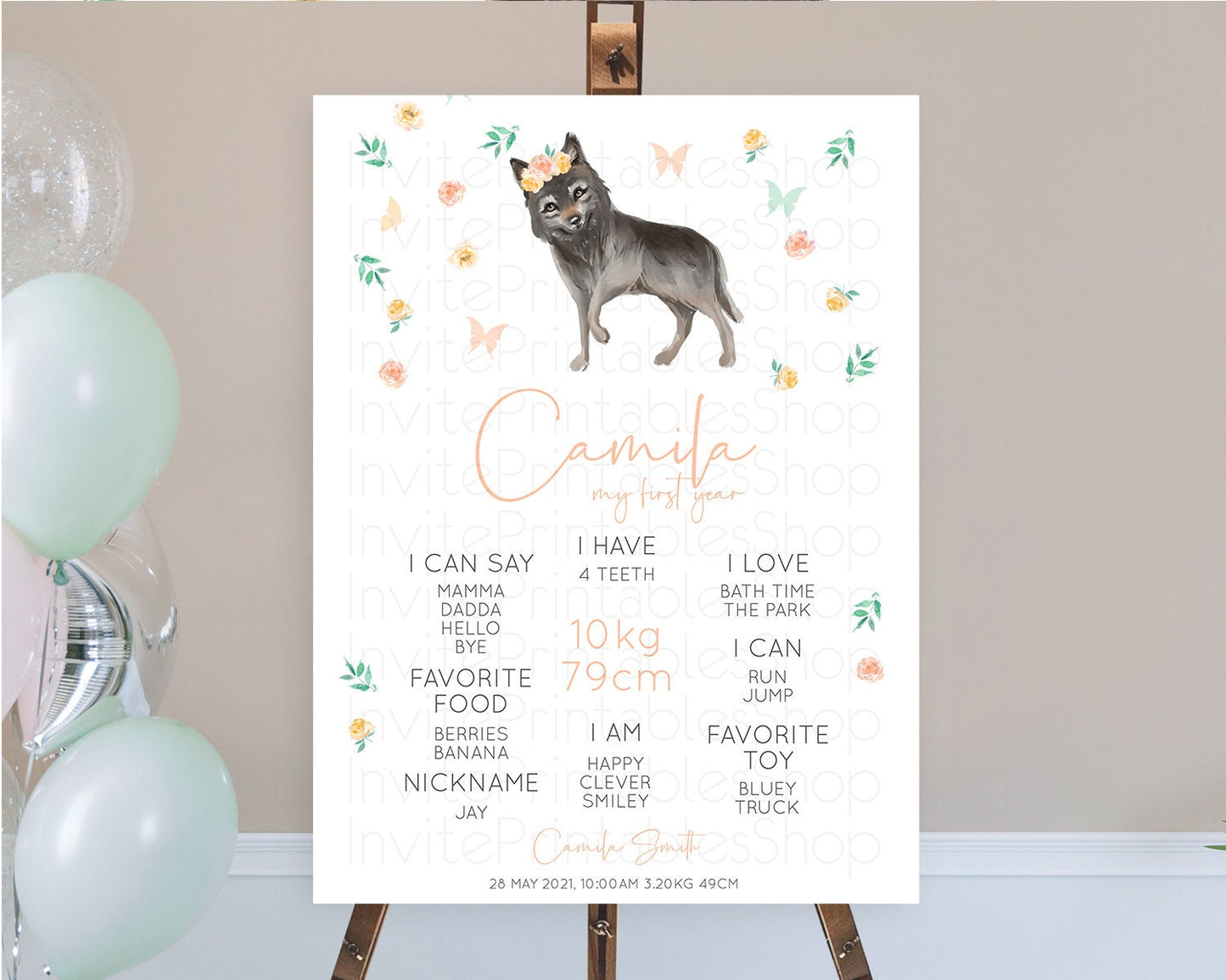 Wolf First Birthday Milestone Poster Wolf Milestone Board Pastel Floral Wolf Milestone First Birthday Welcome Sign D10362