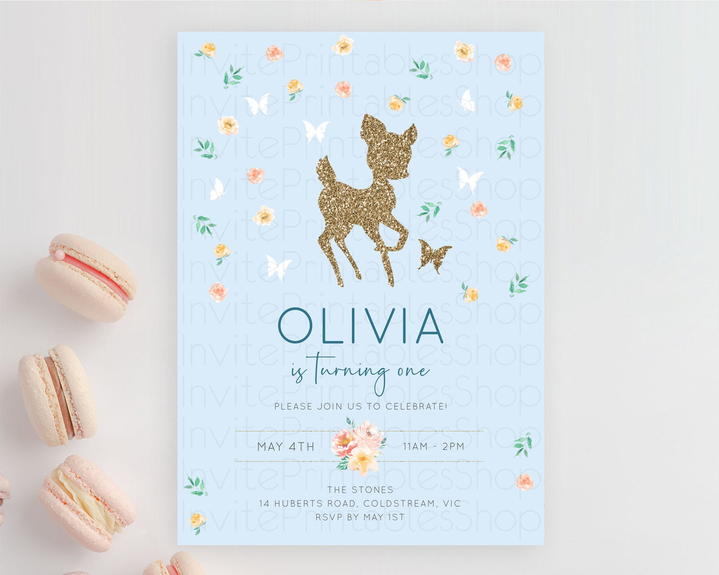 Fawn Birthday Invitation Deer Birthday Invitation Enchanted Forest Party Butterfly Pastel Flowers Whimsical 2nd 1st First Birthday D10902