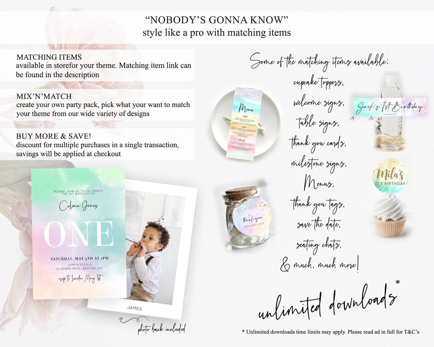 Rainbow Birthday Invitation Colorful Pastel Watercolor Invitation Gold Glitter Sprinkles Ombre Pastel 1st 2nd 3rd Birthday D10375