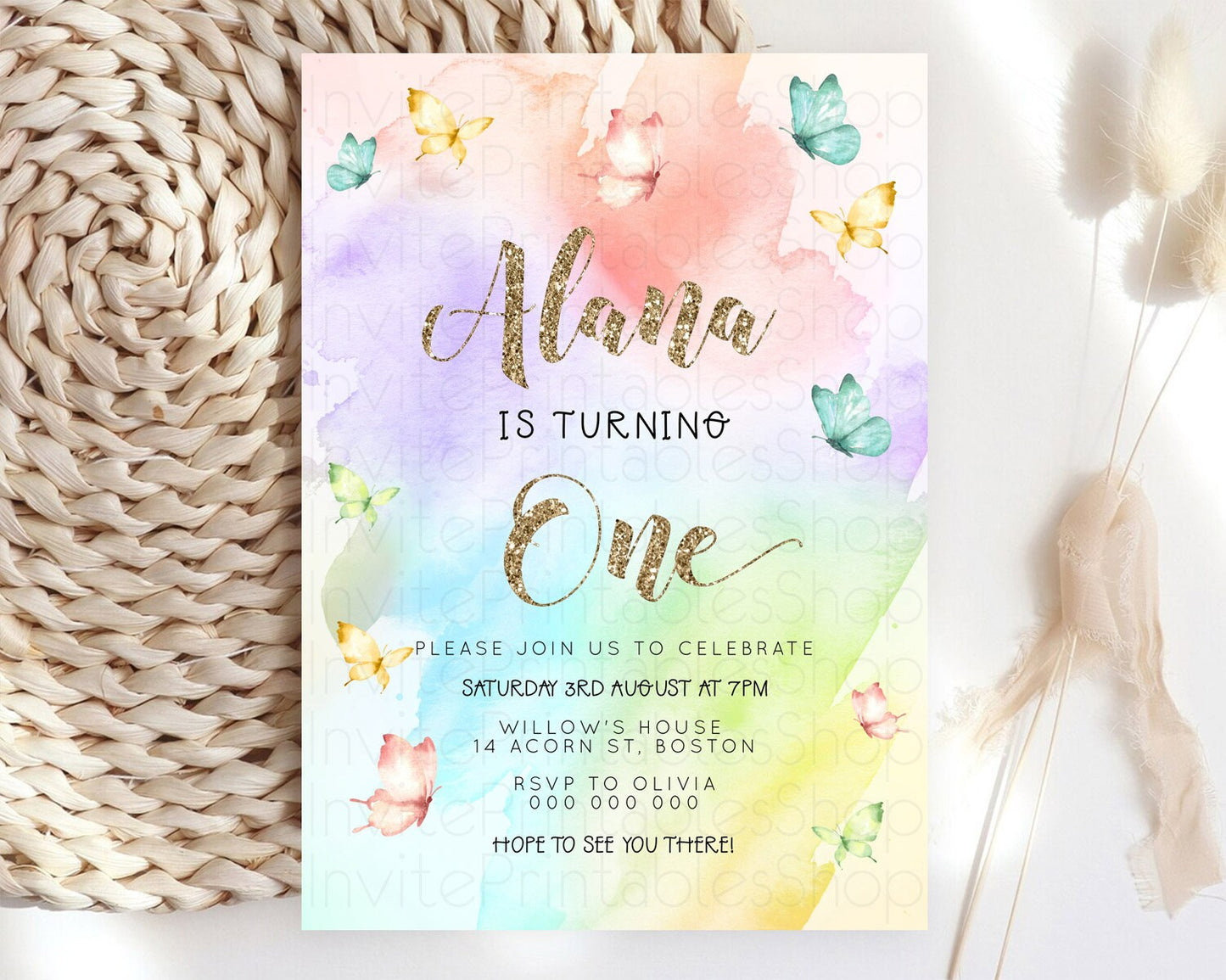 Pastel Butterfly Birthday Invitation Butterfly Birthday Invitation Colorful Splash Glitter Butterfly Garden 1st 2nd Birthday D23255