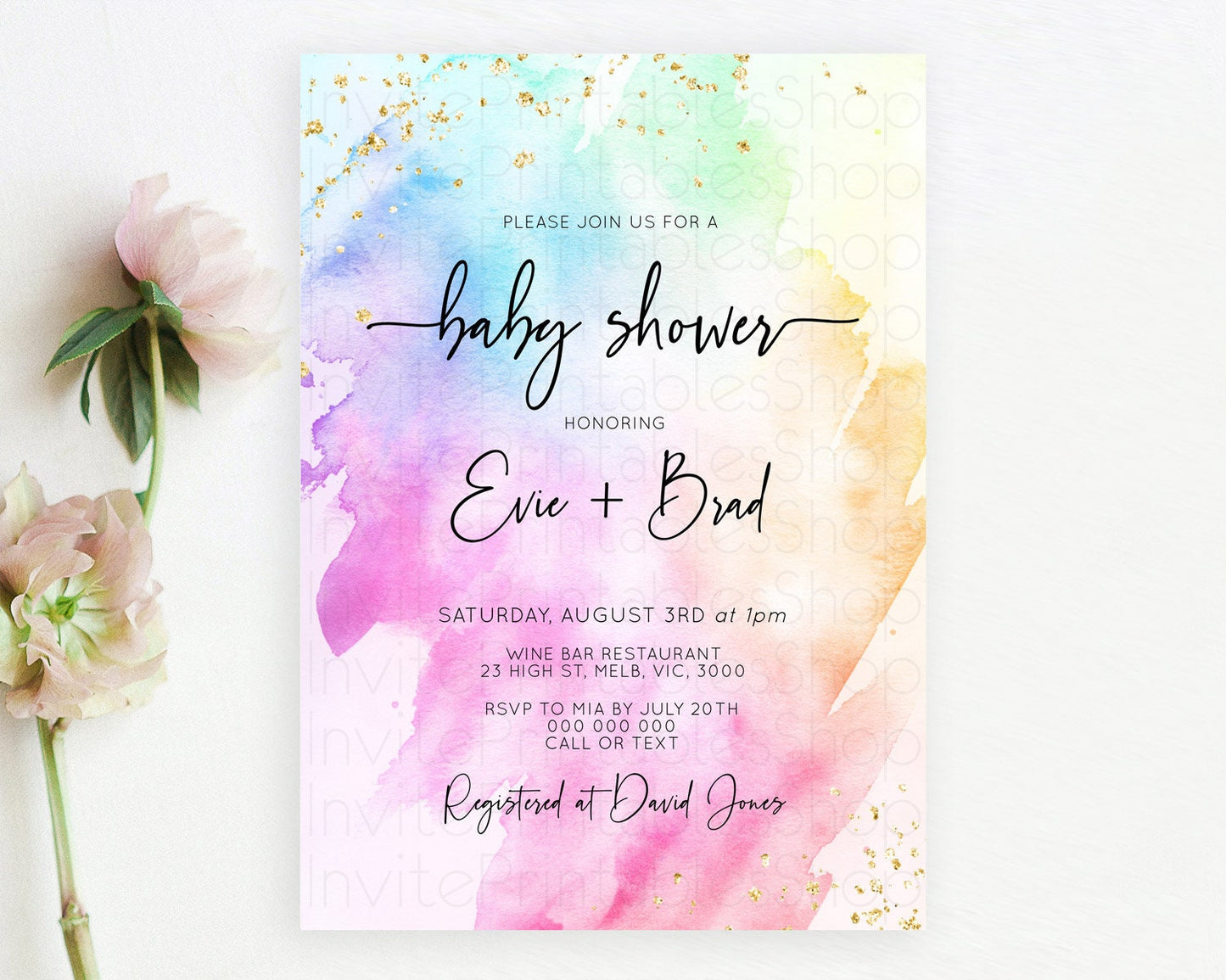 Pastel Baby Shower Invitation Rainbow Baby Shower Invitation Colorful Pastel Watercolor Invitation Gold Glitter Sprinkles Ombre D10449