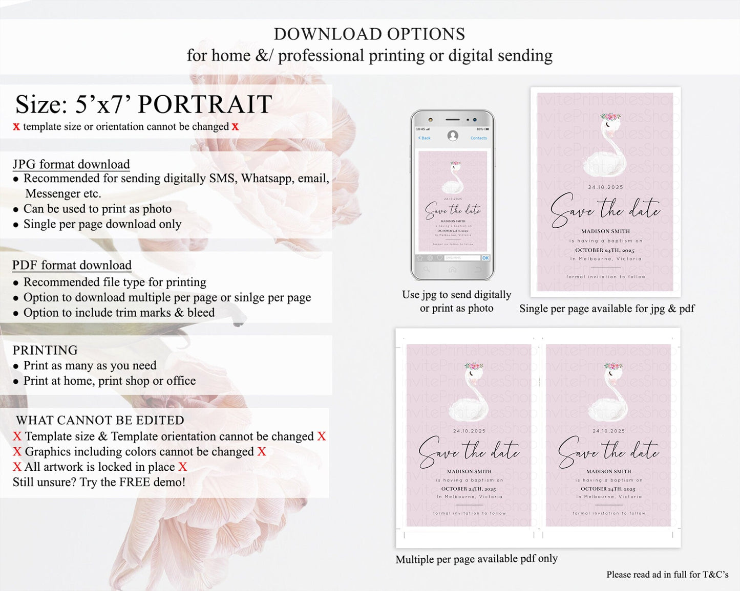 Swan Save The Date Template Swan Princess Ballet Party Enchanted Swan Lake Secret Garden Pastel Floral Birthday Baptism Baby Shower D10758