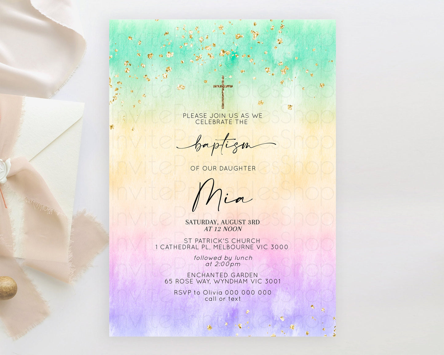 Pastel Baptism Invitation Pastel Colors Watercolor Baptism 1st Birthday Party Gold Ombre Pastel Rainbow Christening Holy Communion D10481