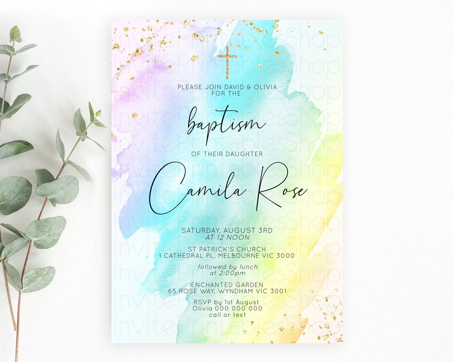 Pastel Baptism Invitation Pastel Colors Watercolor Baptism 1st Birthday Party Gold Ombre Pastel Rainbow Christening Holy Communion D10773