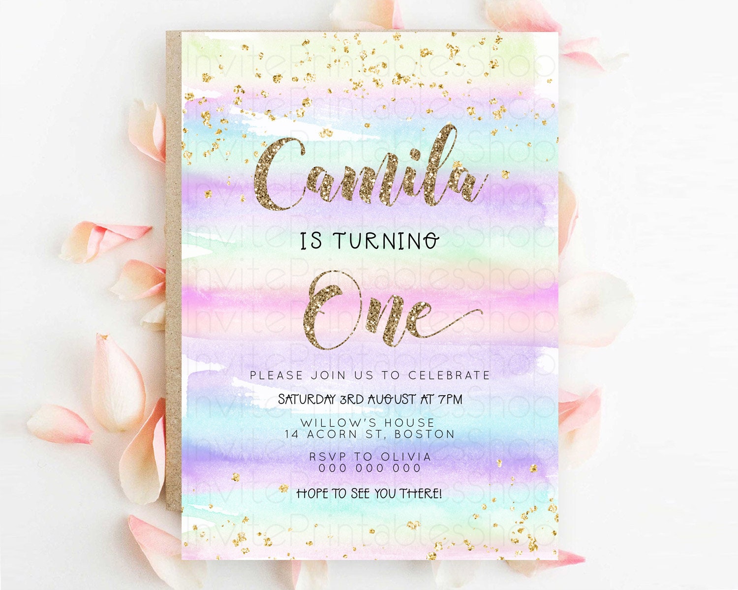 Editable Rainbow Birthday Invitation Colorful Pastel Watercolor Invitation G
