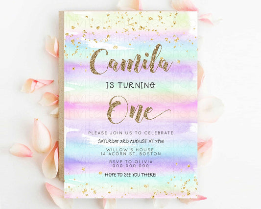 Editable Rainbow Birthday Invitation Colorful Pastel Watercolor Invitation G