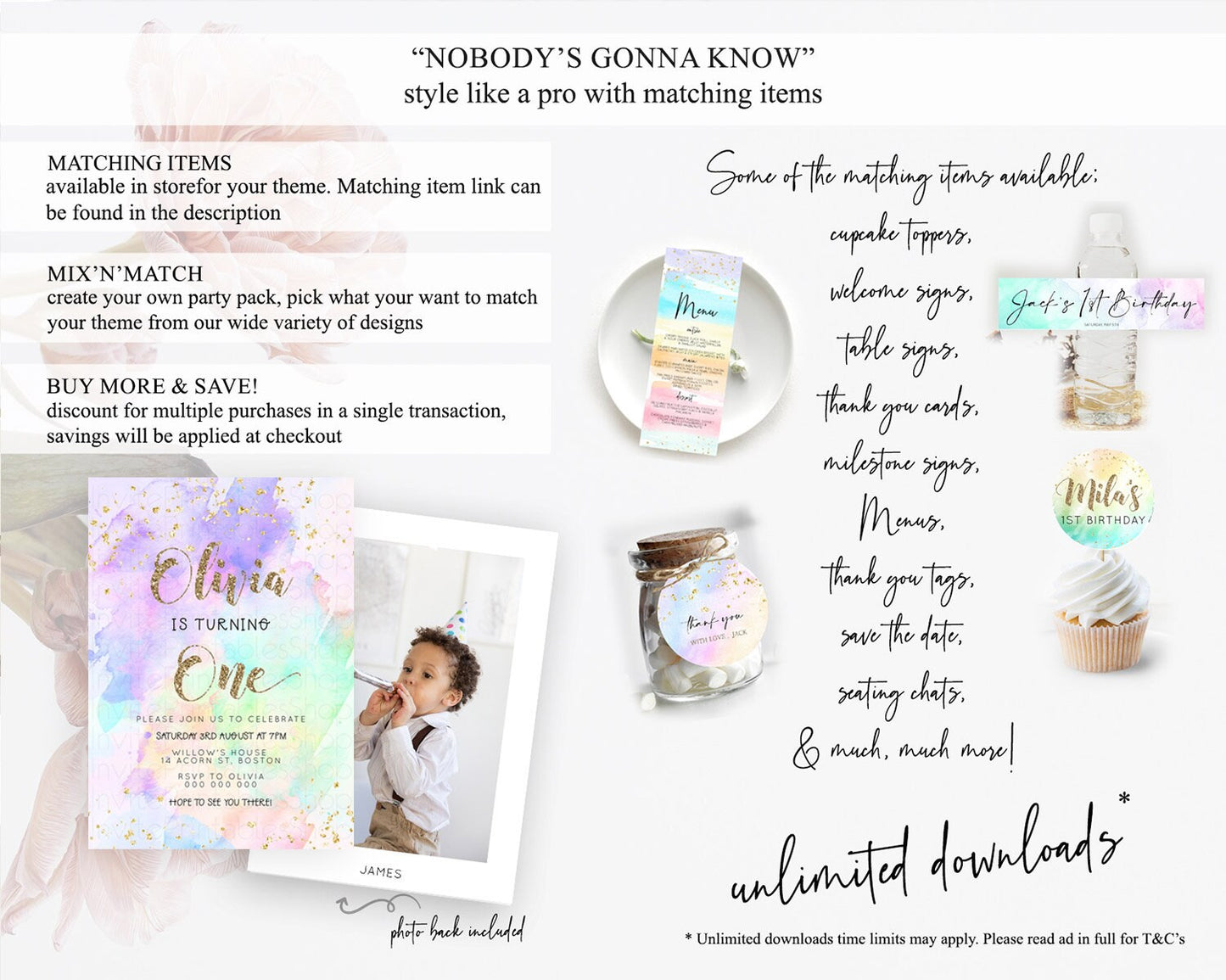 Rainbow Birthday Invitation Colorful Pastel Watercolor Invitation Gold Glitter Sprinkles Ombre Pastel 1st 2nd 3rd Birthday D23297