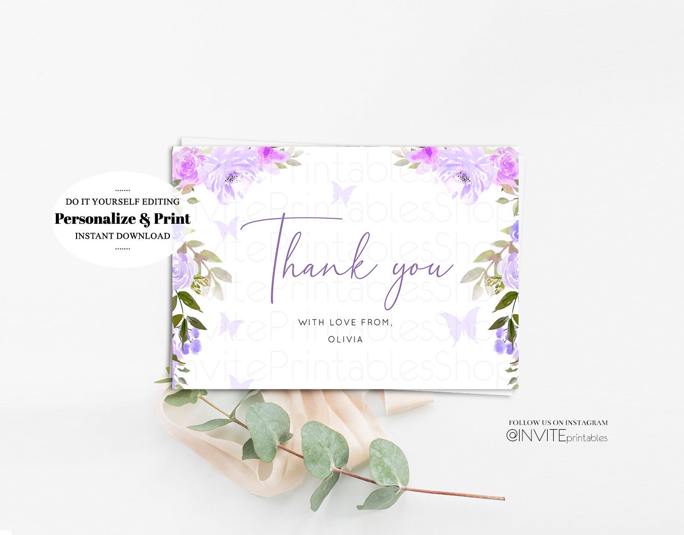 Floral Thank You Card Watercolor Purple Butterflies Flowers Modern Custom Message Birthday Baby Shower Flat Postcard Printable Template