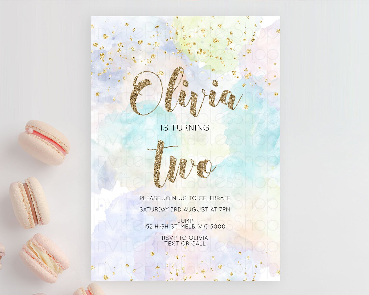 Rainbow Birthday Invitation Colorful Pastel Watercolor Invitation Gold Glitter Sprinkles Ombre Pastel 1st 2nd 3rd Birthday D10614