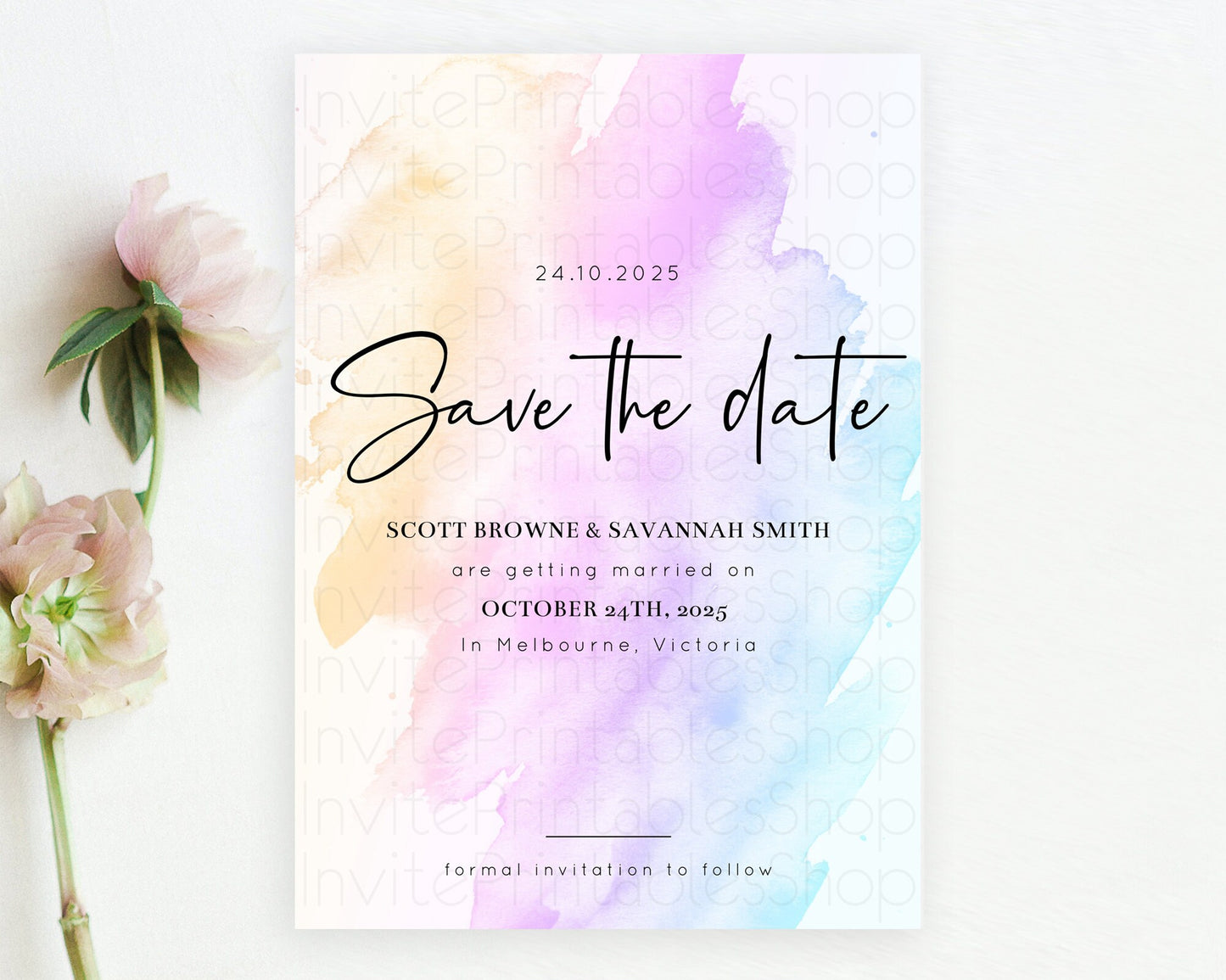 Editable Pastel Save The Date Template Pastel Ombre Rainbow Watercolor Color