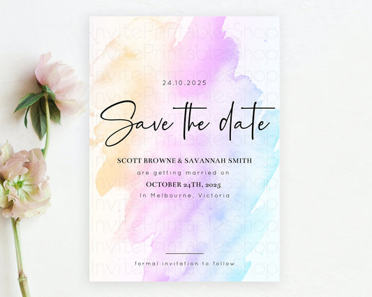 Editable Pastel Save The Date Template Pastel Ombre Rainbow Watercolor Color