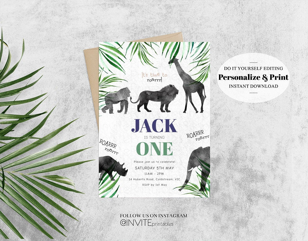 Jungle Birthday Invitation Lion Gorilla Elephant Rhino Tropical Palm Jungle Safari African Adventure Zoo Party Wild Party Animal Custom