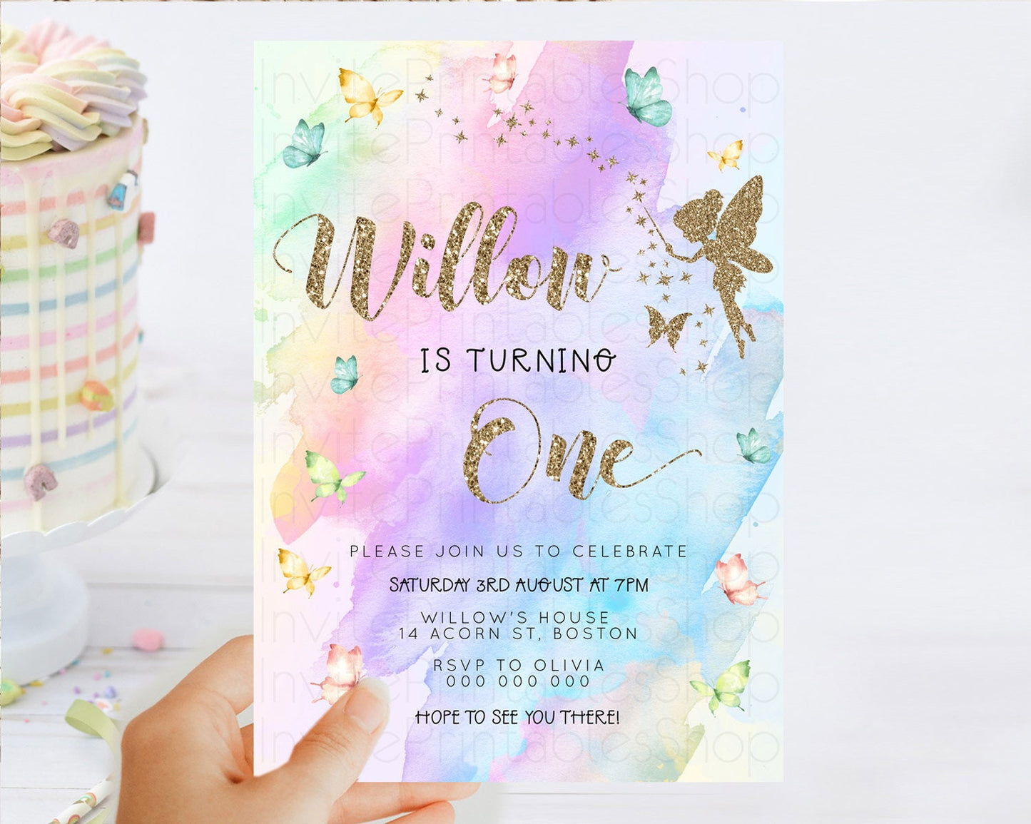 Pastel Fairy Birthday Invitation Pastel Butterflies Fairy Birthday Invitation Rainbow Ombre Watercolor 1st 2nd Birthday Invitation D23342