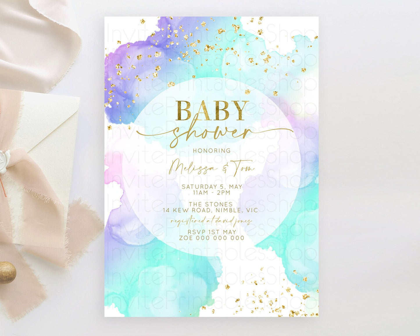 Pastel Baby Shower Invitation Rainbow Baby Shower Invitation Colorful Pastel Watercolor Invitation Gold Glitter Sprinkles Ombre D10212