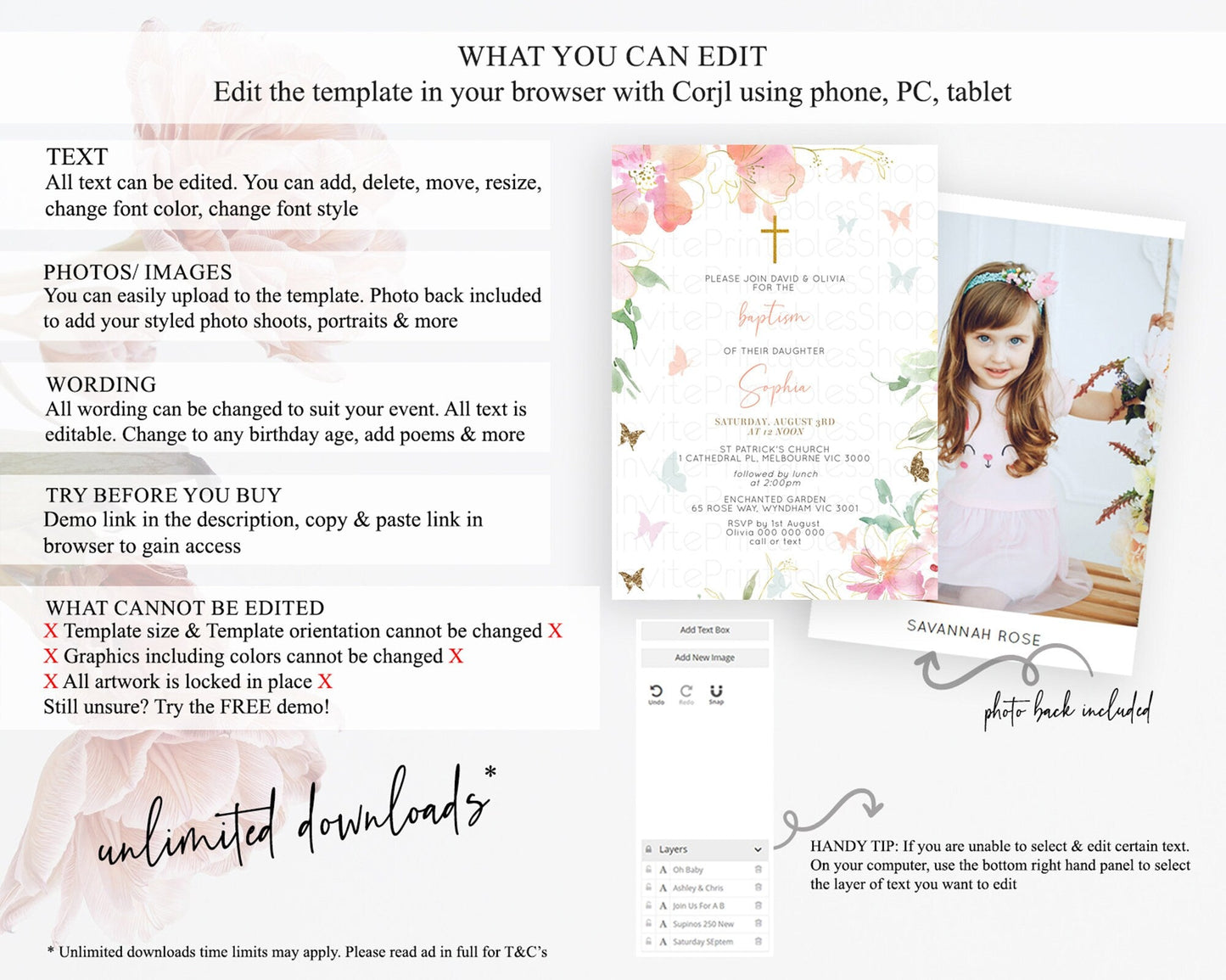 Secret Garden Baptism Invitation Wildflower Baptism Birthday Invite Pastel Flowers Christening Invite Enchanted Garden Boho Floral D11071
