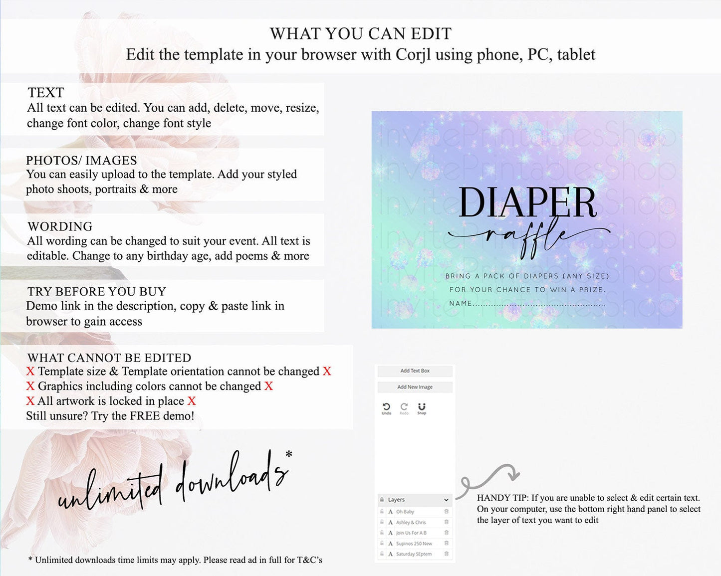 Rainbow Diaper Raffle Card Pastel Diaper Insert Colorful Pastel Watercolor Ombre Diaper Ticket Iridescent Sprinkles Raffle Game D10663