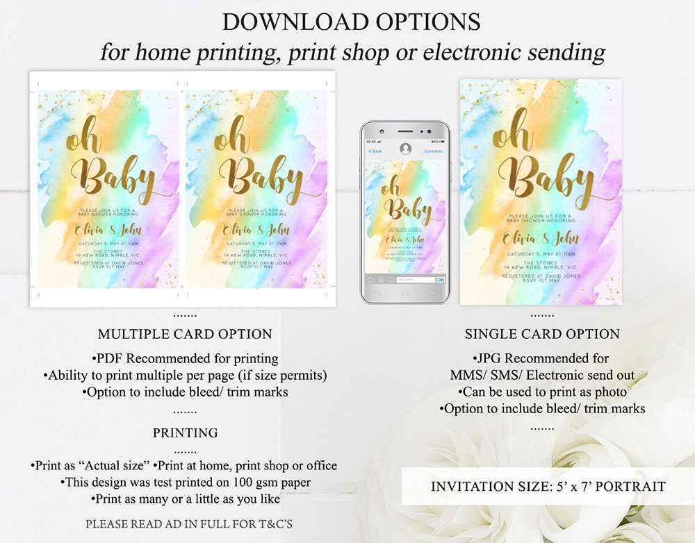 Rainbow Baby Shower Invitation Watercolor Pastel Invitation Colorful Splash Baby Shower Invite Gold Glitter Sprinkles Ombre Invite 489