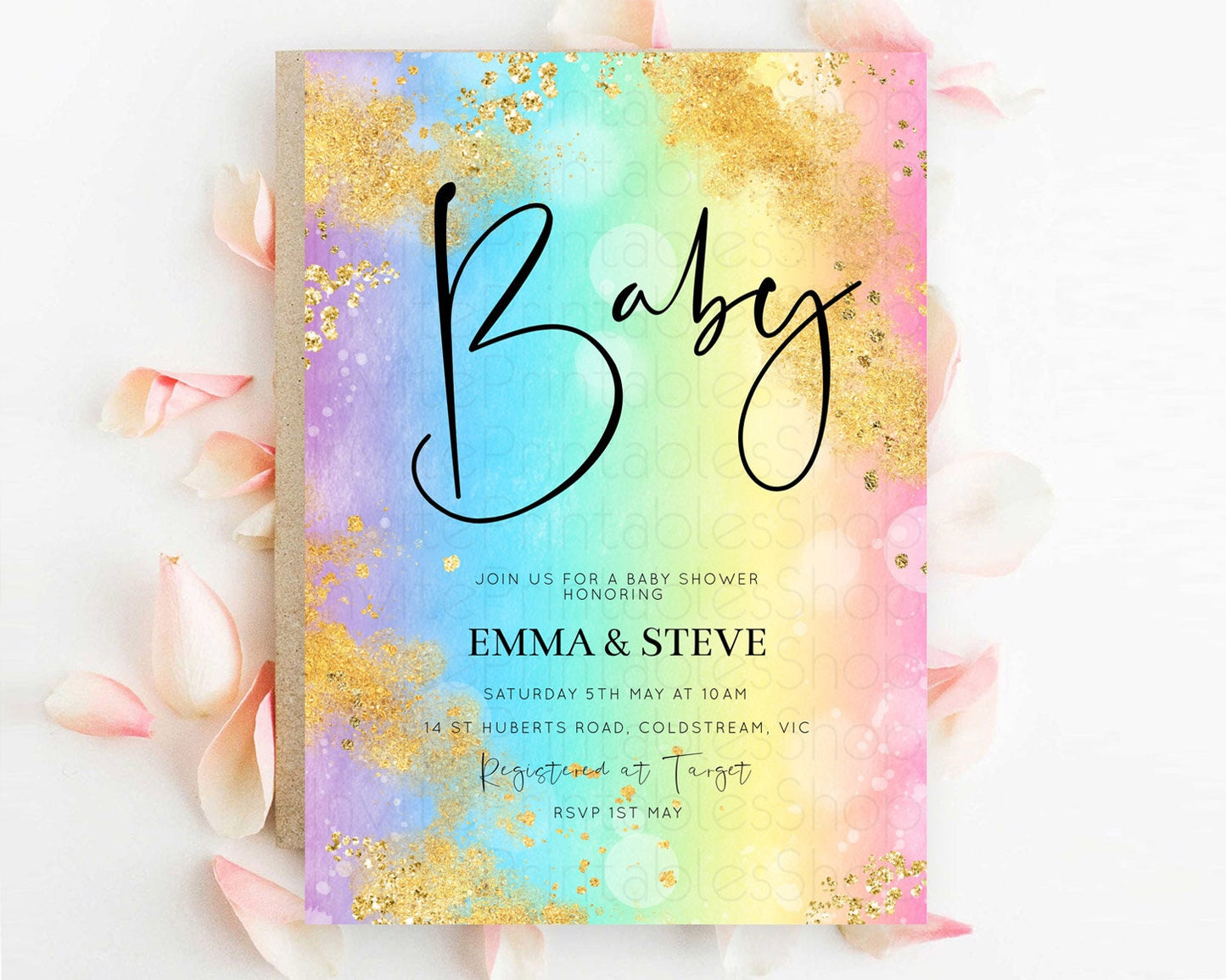 Pastel Baby Shower Invitation Rainbow Baby Shower Invitation Colorful Pastel Watercolor Invitation Gold Glitter Sprinkles Ombre D10559