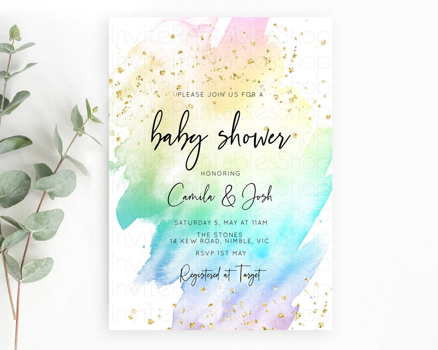 Pastel Rainbow Baby Shower Invitation, Colorful Watercolor with Gold Glitter Sprinkles Ombre Effect Pink, Yellow, Blue, Green, Purple D10256