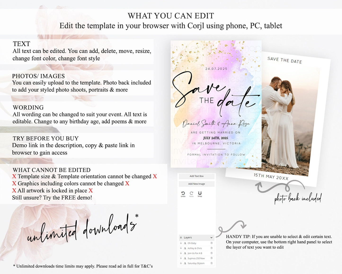 Pastel Save The Date Template Pastel Ombre Rainbow Watercolor Colorful Party For Birthday Baptism Baby Shower Wedding Bridal Shower D10175
