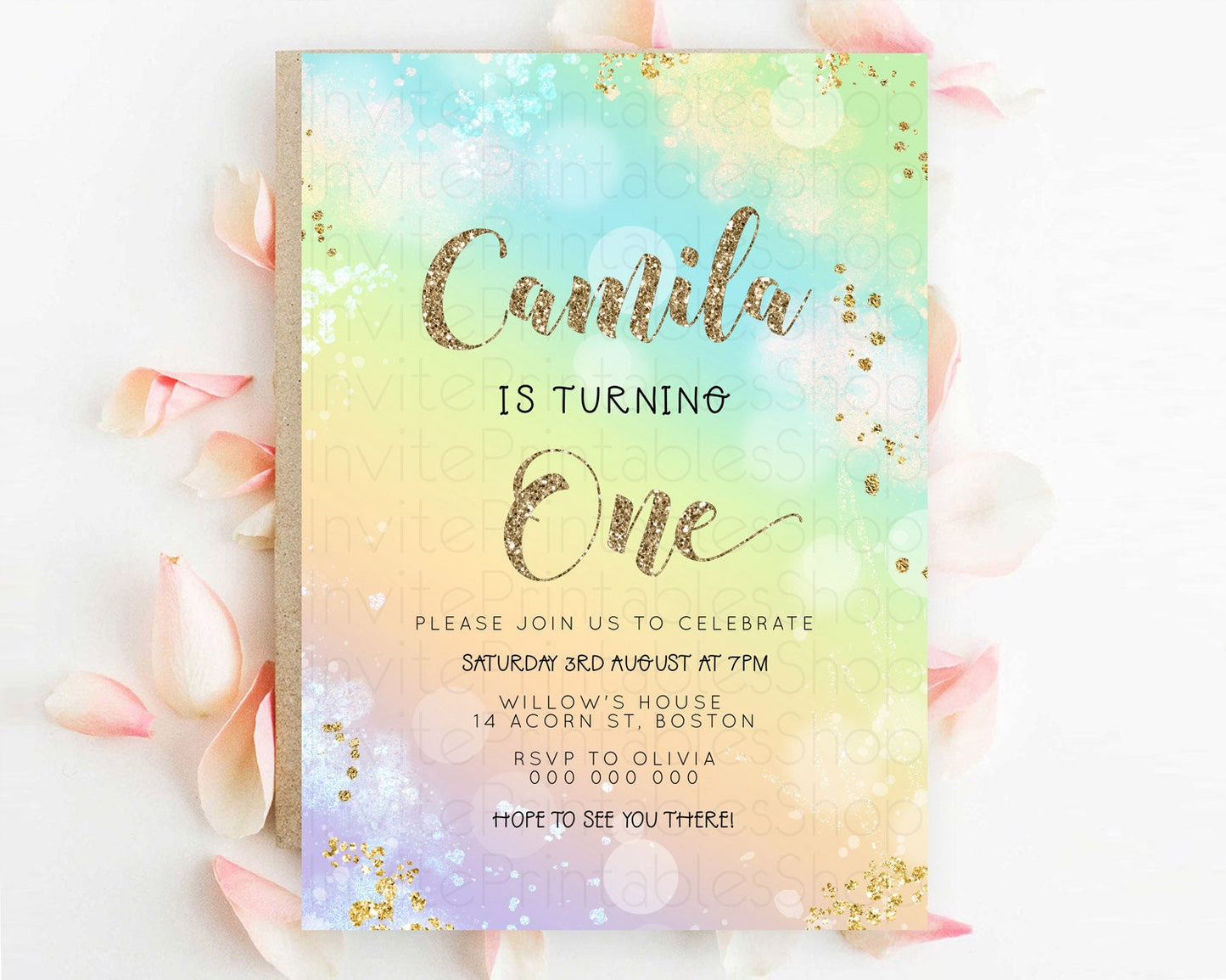 Editable Rainbow Birthday Invitation Colorful Pastel Watercolor Invitation G