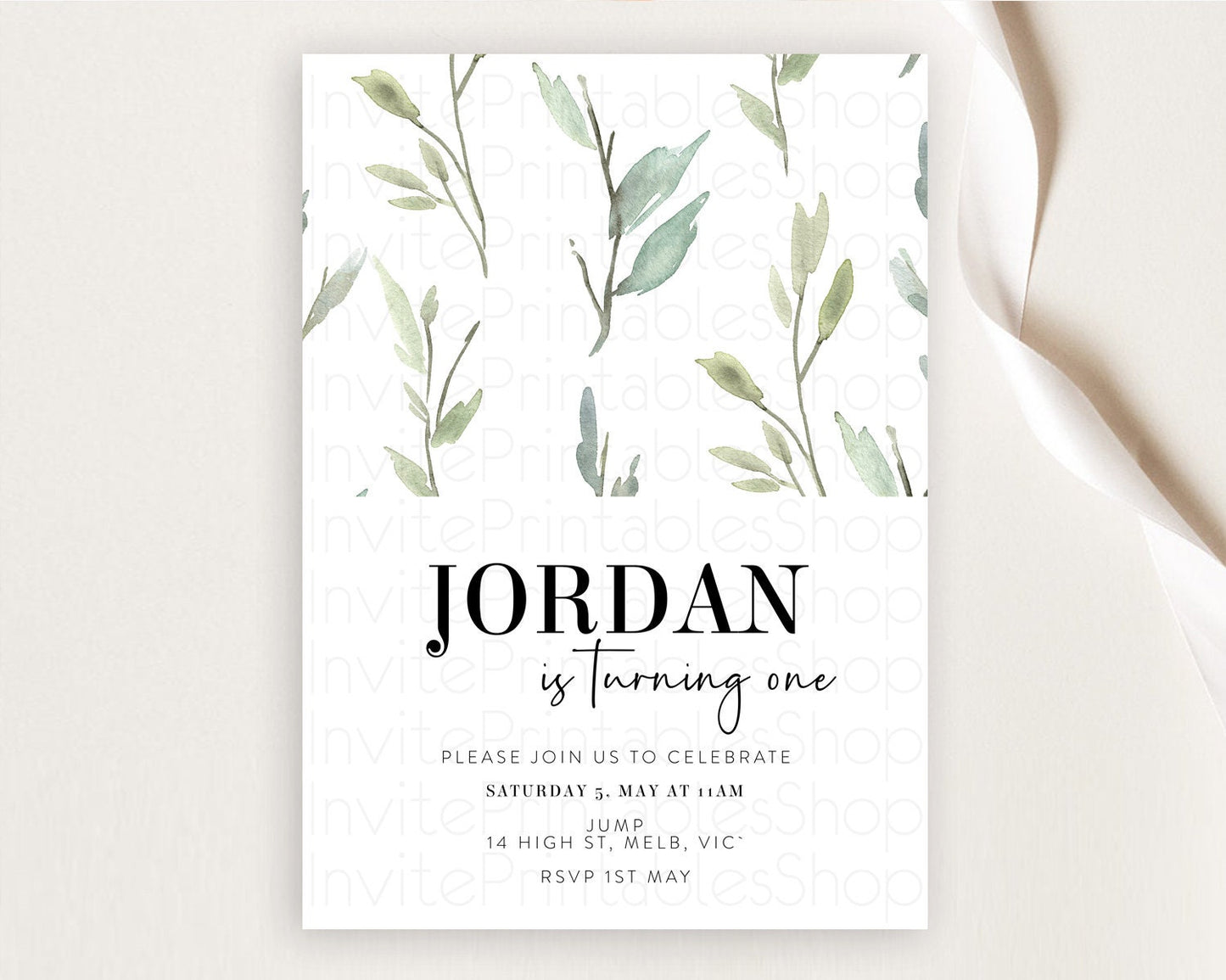 Leafy Birthday Invitation Leafy Invitation Simple Greenery Invitation Eucalyptus Fern Spray Leaves Minimal Green Leaf Watercolour D11058