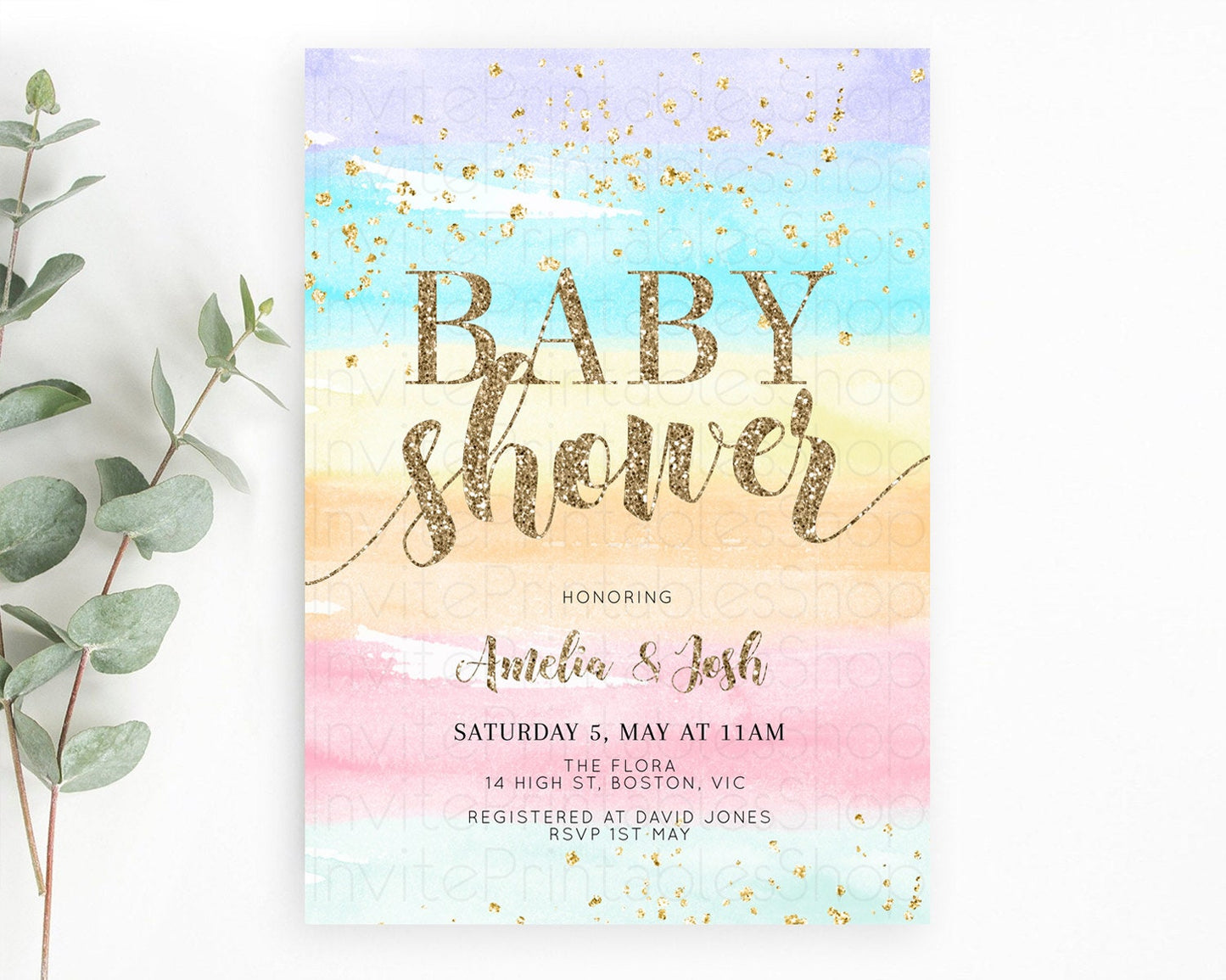 Pastel Baby Shower Invitation Rainbow Baby Shower Invitation Colorful Pastel Watercolor Invitation Gold Glitter Sprinkles Ombre D10508