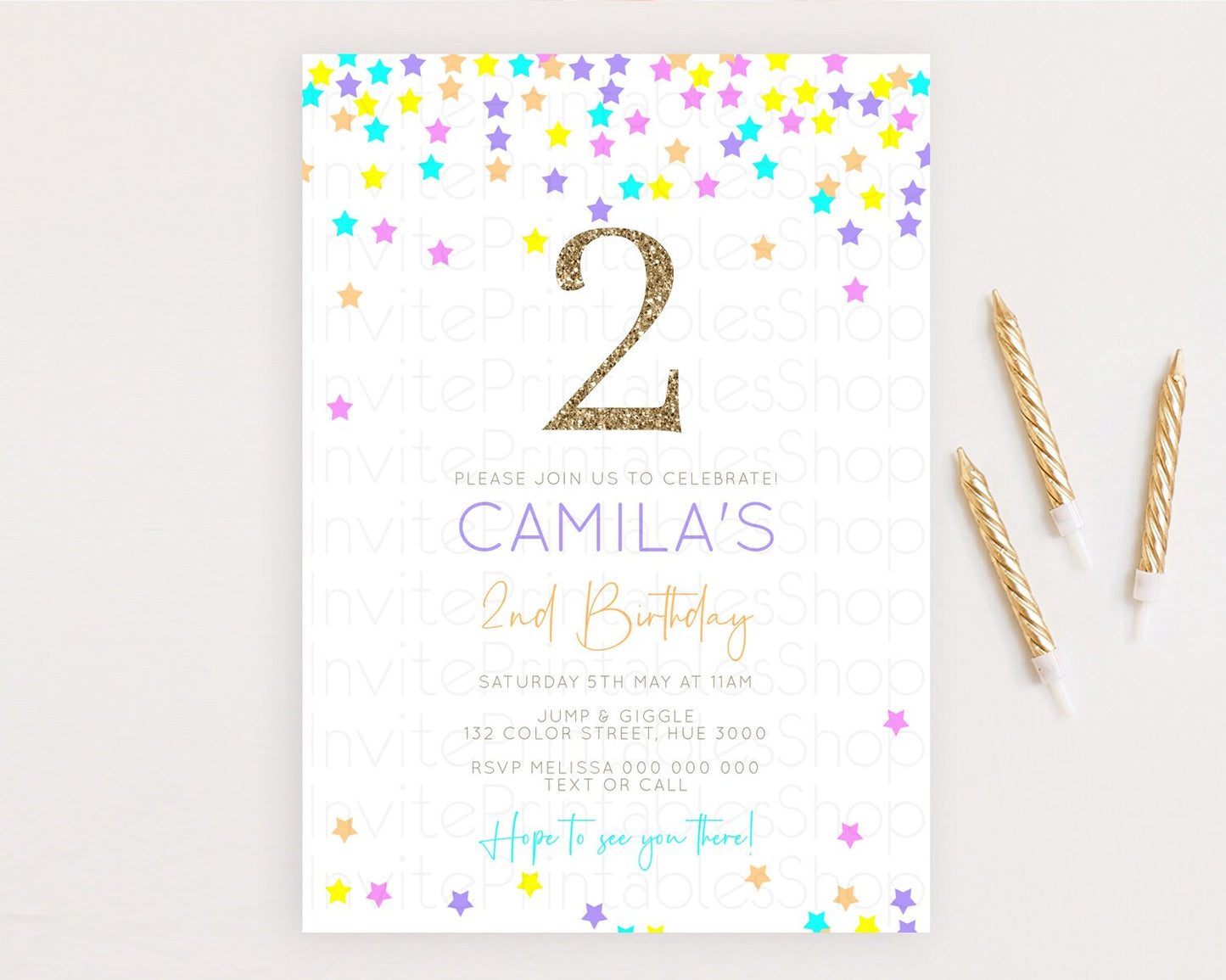 Star Birthday Invitation Pastel Stars Invite Shooting Star Party Rainbow Colorful Confetti Twinkle Little Star 2nd First Birthday D10397