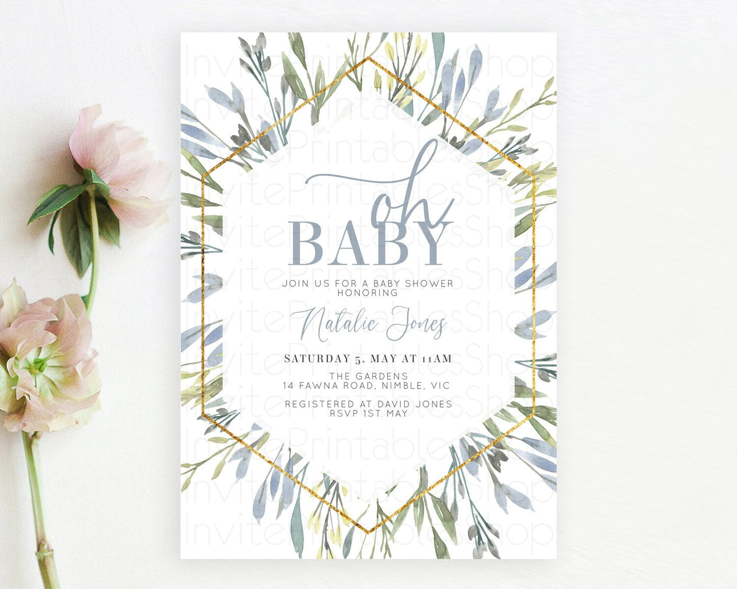 Leaf Baby Shower Invitation Leafy Watercolor Invitation Simple Greenery Invitation Eucalyptus Fern Spray Leaves Minimal Green Leaf D10532