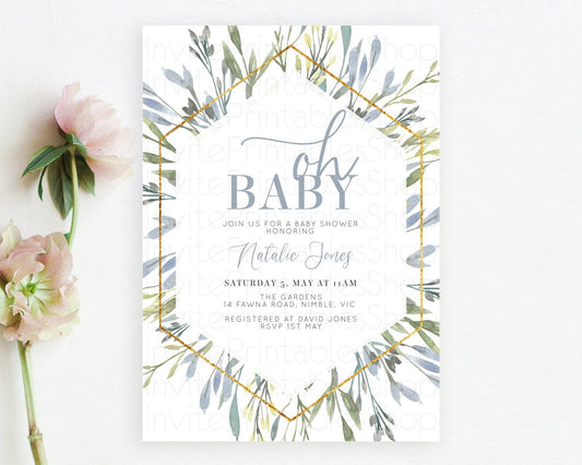 Leaf Baby Shower Invitation Leafy Watercolor Invitation Simple Greenery Invitation Eucalyptus Fern Spray Leaves Minimal Green Leaf D10532