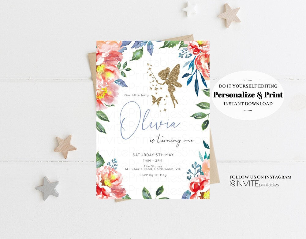 Fairy Birthday Invitation Red Boho Floral Garden Pastel Fairy Invite Fairy Garden Whimsical Butterfly Glitter Printable Digital Invite