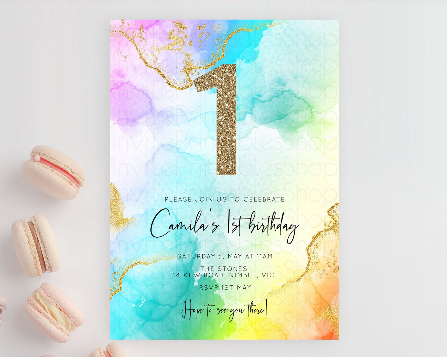 Editable Rainbow Birthday Invitation Colorful Pastel Watercolor Invitation G