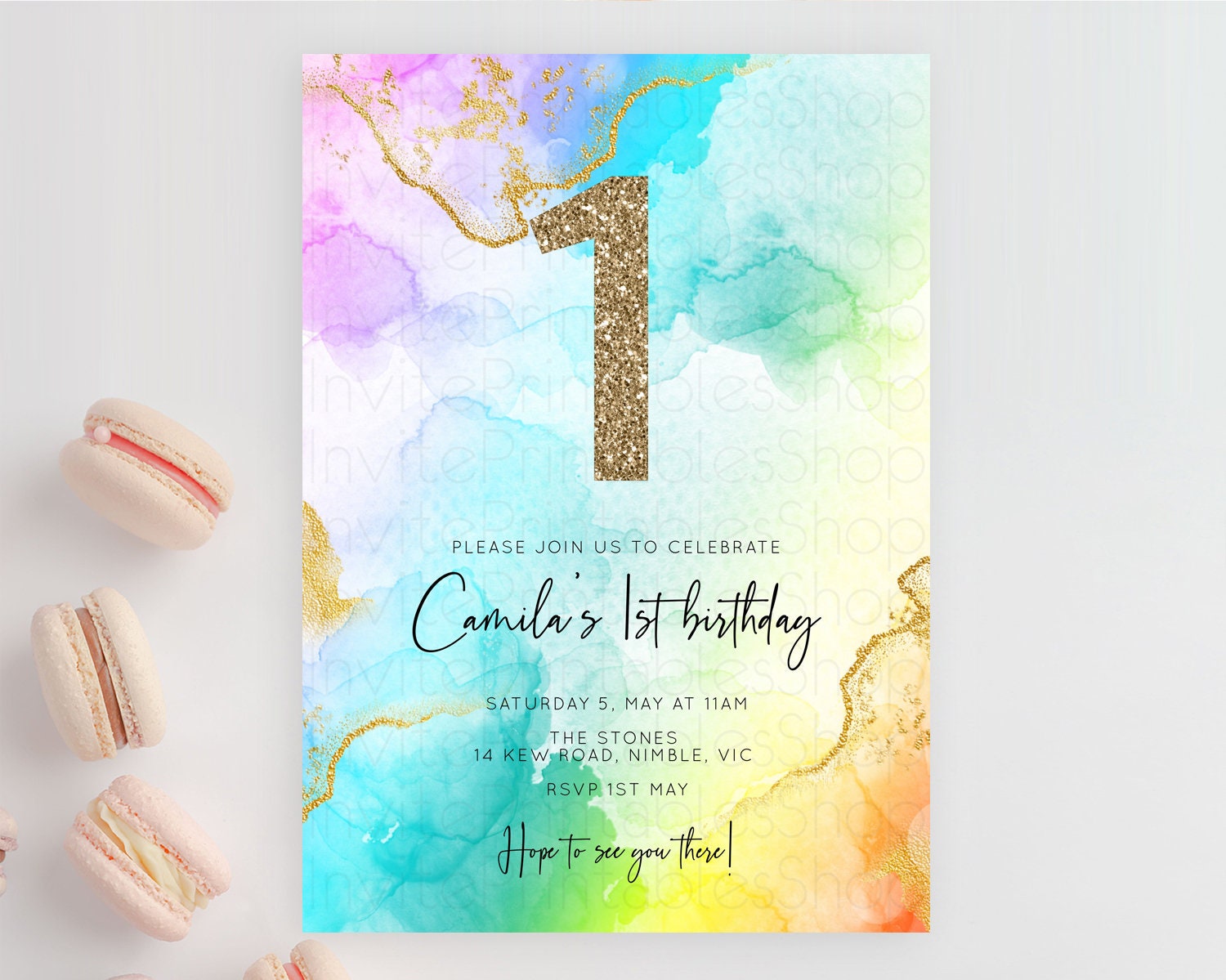 Editable Rainbow Birthday Invitation Colorful Pastel Watercolor Invitation G