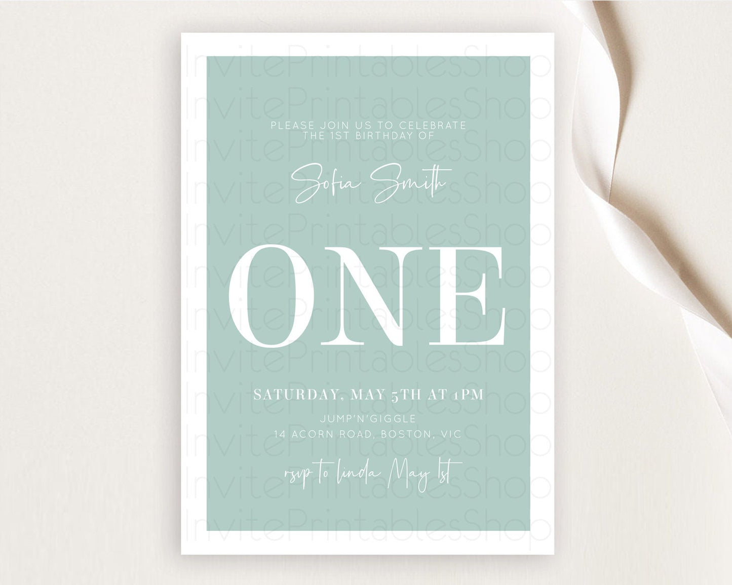 Green Birthday Invitation Plain Green Invitation Minimalist Invitation Pastel Green Invitation Modern Invite 2nd 1st First Birthday D10736