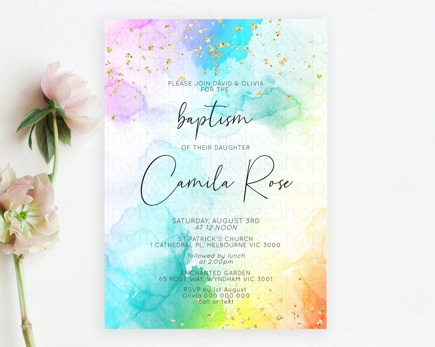 Pastel Baptism Invitation Pastel Colors Watercolor Baptism 1st Birthday Party Gold Ombre Pastel Rainbow Christening Holy Communion D10771