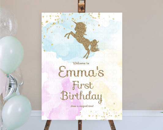 Unicorn Rainbow Birthday Welcome Board Pastel Unicorn Welcome Sign Magical Ombre Colorful Watercolor First Birthday Welcome Sign D10114