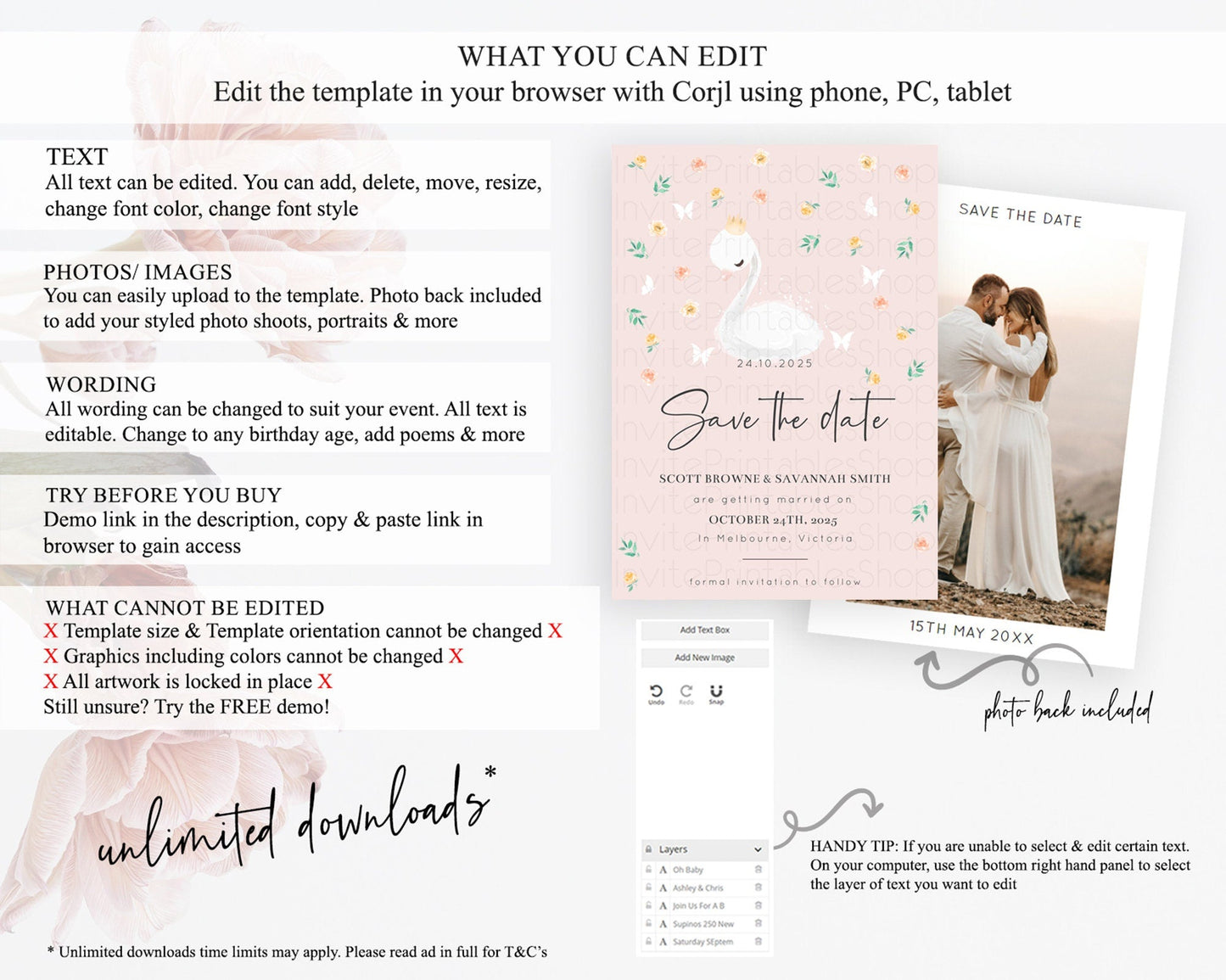 Swan Save The Date Template Swan Princess Ballet Party Enchanted Swan Lake Secret Garden Pastel Floral Birthday Baptism Baby Shower D10388