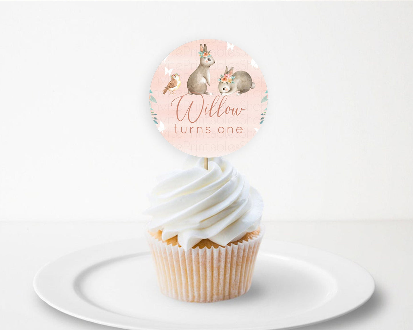 Bunny Cupcake Toppers Floral Bunny Cupcake Toppers Pastel Bunny Cupcake Pastel Watercolor Woodland Flowers Bunny First Birthday D10922