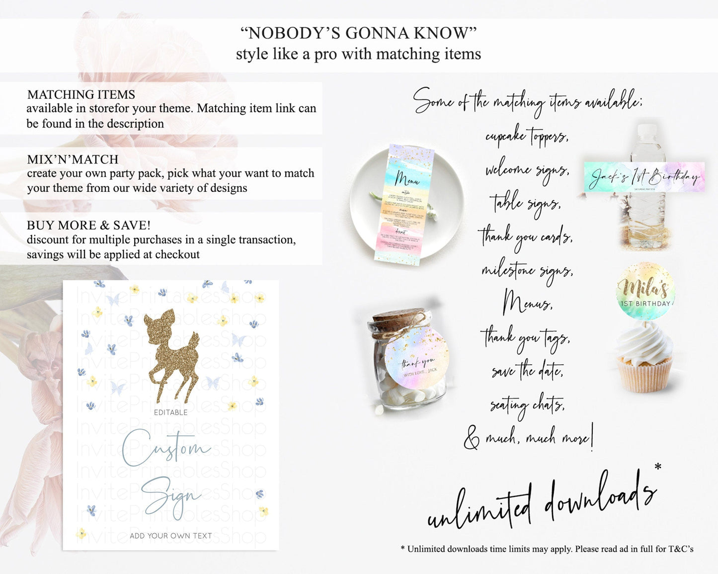 Fawn Deer Sign Pastel Floral Deer Table Sign Decor Enchanted Forest Butterfly Party 1st Birthday Baptism Baby Shower Bridal Shower D10864