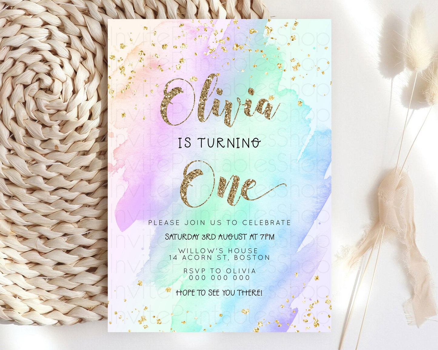 Rainbow Birthday Invitation Colorful Pastel Watercolor Invitation Gold Glitter Sprinkles Ombre Pastel 1st 2nd 3rd Birthday D23284