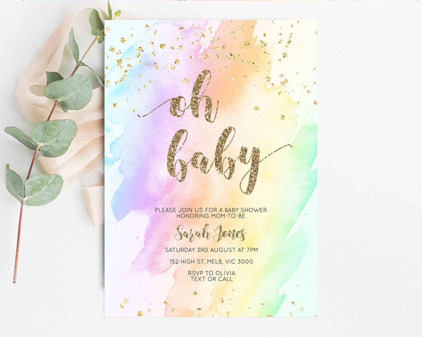 Rainbow Baby Shower Invitation Pastel Baby Shower Invitation Watercolor Ombre Invitation Rainbow Pastel Colors Invite Glitter Confetti g602