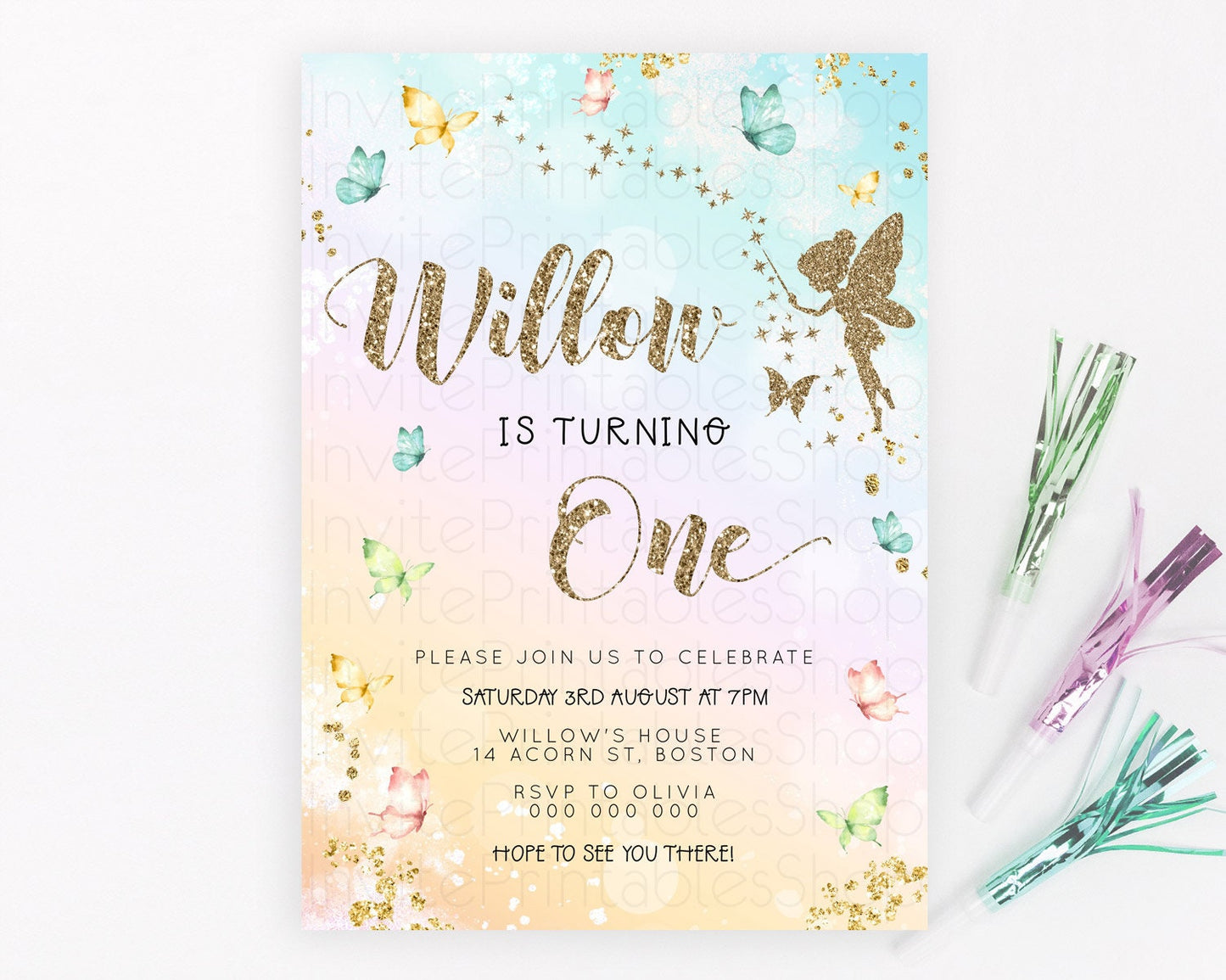 Pastel Fairy Birthday Invitation Pastel Butterflies Fairy Birthday Invitation Rainbow Ombre Watercolor 1st 2nd Birthday Invitation D23152