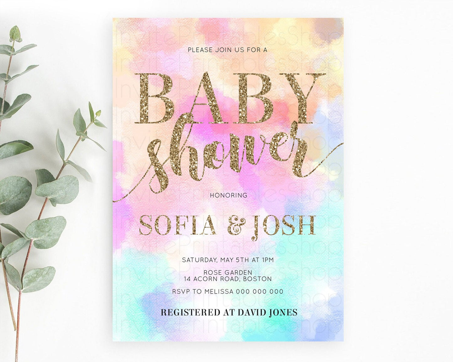 Pastel Baby Shower Invitation Rainbow Baby Shower Invitation Colorful Pastel Watercolor Invitation Gold Glitter Sprinkles Ombre D10669