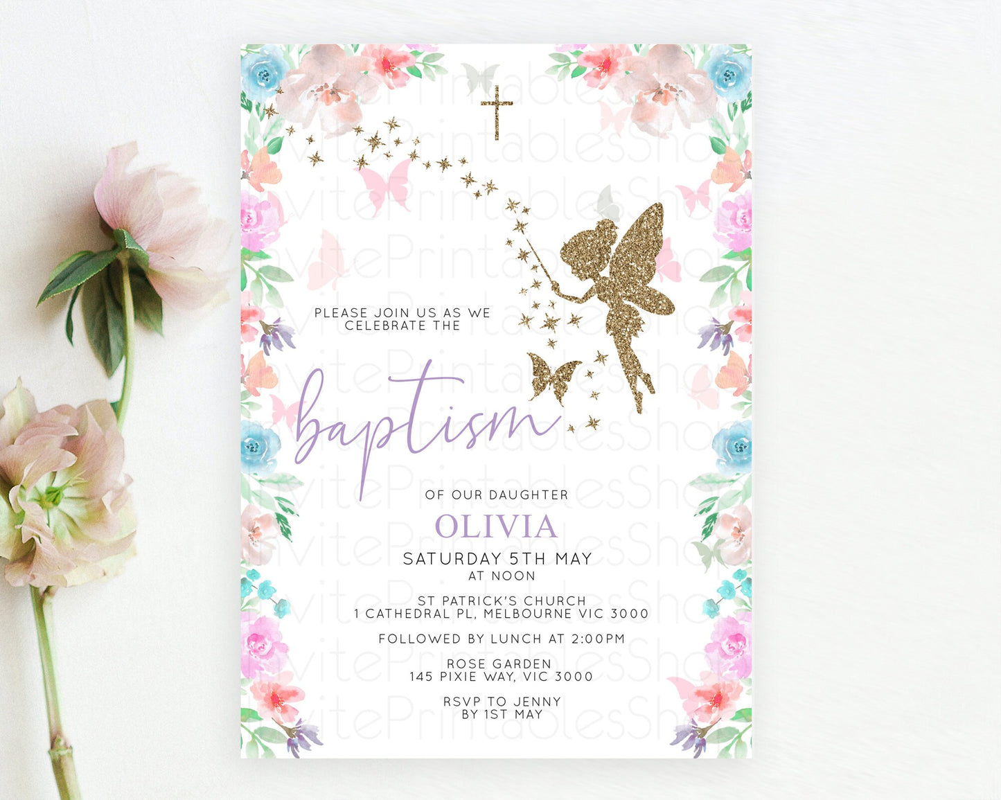 Fairy Baptism Invitation Fairy Baptism 1st Birthday Invitation Enchanted Secret Garden Christening Invite Pastel Floral Butterfly D10126