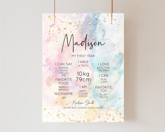 Pastel First Birthday Milestone Board Pastel Rainbow Milestone Poster Watercolor Glitter One Year Poster Colorful Splash Baby 1st Year 276