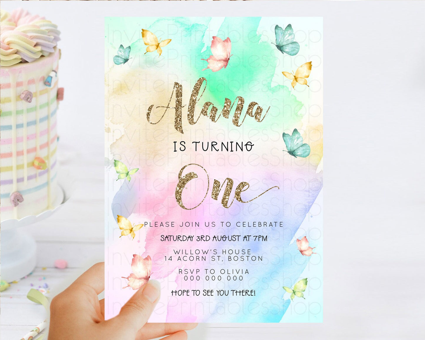 Pastel Butterfly Birthday Invitation Butterfly Birthday Invitation Colorful Splash Glitter Butterfly Garden 1st 2nd Birthday D23259