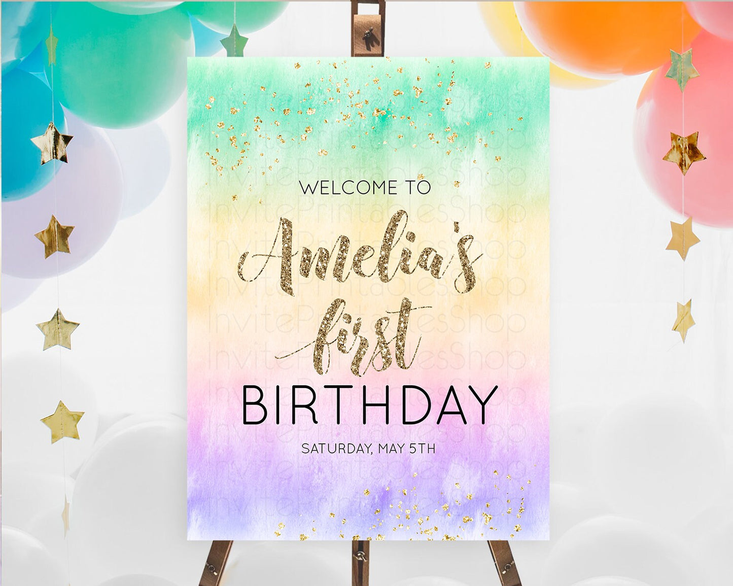 Pastel Welcome Sign Pastel Rainbow Welcome Sign Colorful Rainbow Confetti Watercolor Glitter Pastel First Birthday Welcome Sign D10478